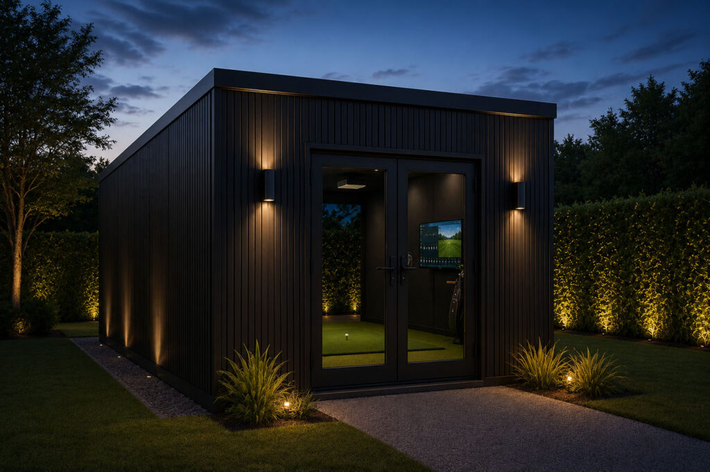 Luxury black golf simulator shed by Anywhere Golf featuring a modern backyard golf simulator building with premium lighting and indoor golf setup.