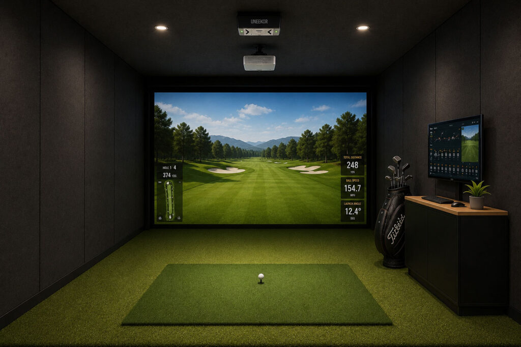 Interior of the Anywhere Golf Player Model featuring a premium indoor golf simulator with launch monitor, impact screen, putting surface, and swing analysis display.
