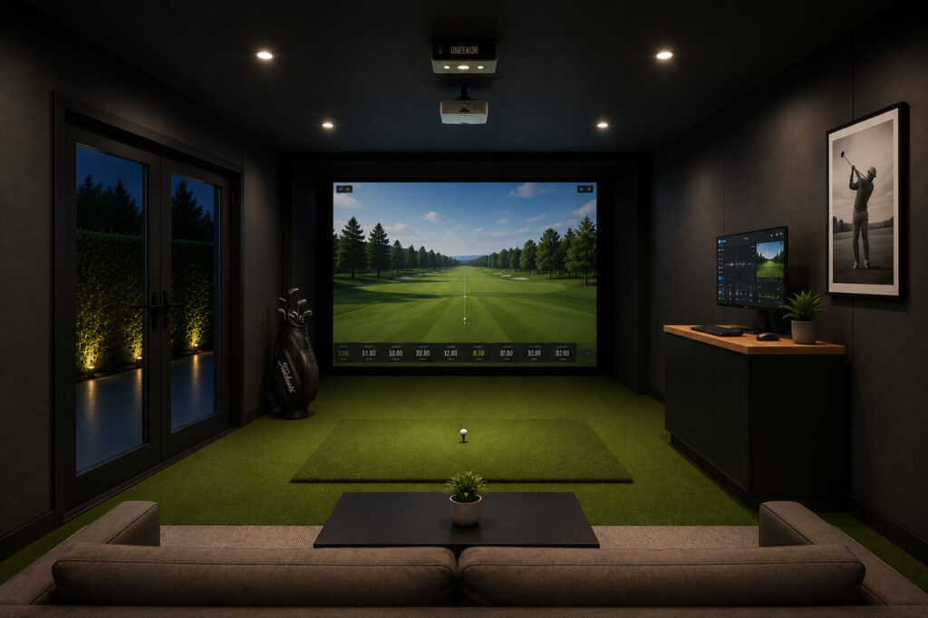 Anywhere Golf Tour Model featuring a luxury golf simulator entertainment room with lounge seating, simulator screen, launch monitor, and premium finishes.